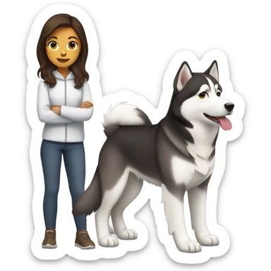 A brunette girl next to a roux Husky sticker