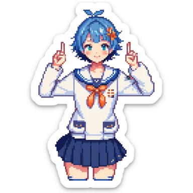 Pixel art energetic anime girl with short blue hair wearing Japanese sailor style school uniform, striking a victory pose, very cheerful sticker