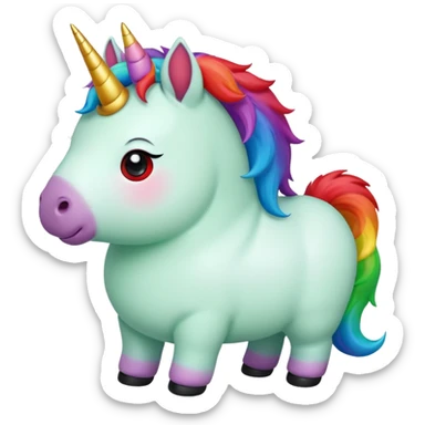 Small chubby unicorn in colours of jade green, black and red eyes, farting rainbow sticker