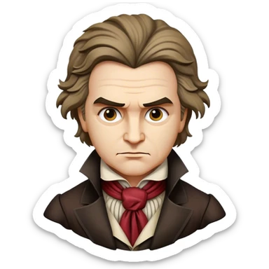 Cinematic Realistic Beethoven Portrait Emoji, depicted as a passionate composer with intense expressive features in period attire, rendered with rich textures and dramatic moody lighting that captures the turbulent genius of his music. sticker