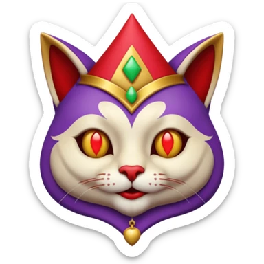 crazy colorful cute little cat jolly joker from poker, medieval, vintage, court jester, mac os icon, purple, gold and red color, half body. Squared shape as 3D mac os icon, symmetrical sticker