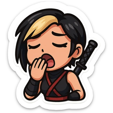 Sexy chibi ninja girl with black short hair and a blonde streak, only head and arms, colorful chibi style with bold outlines, transparent background, no mask, yawning face with droopy eyelids and hand covering mouth, sized for Twitch emoji use. sticker