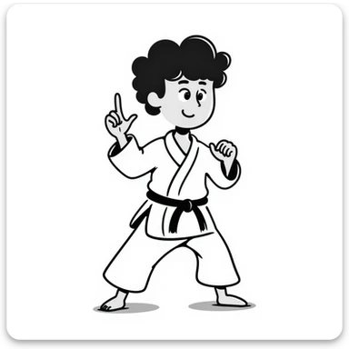 Kyokushin karateka in a white gi and black belt, ready stance, with 'osu' text visible in hand-drawn notion style sticker