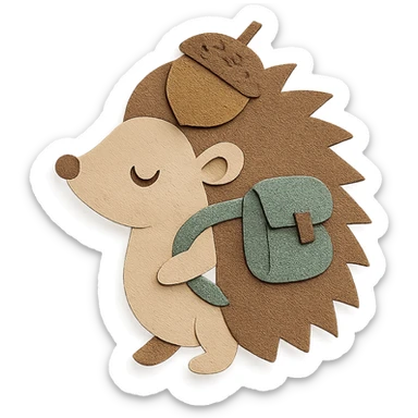 hedgehog with a tiny backpack and acorn hat, muted browns and sage green, paper-craft style sticker