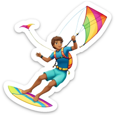 A professional kite surfer performing a high-flying trick on the waves, with a colorful kite soaring above. The background features a stunning landscape of rolling ocean waves, a bright sky, and distant mountains, emphasizing the skill and freedom of the sport. sticker