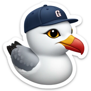 Seagull with wearing navy color baseball cap emblazoned with a red G initial sticker