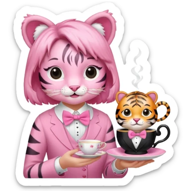 An pink tiger having an pink tea party with an girl sticker