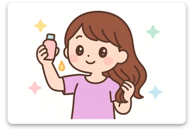 charming girl with shiny brown hair, carefully applying hair oil, relaxed and content, pastel color palette, kawaii style sticker