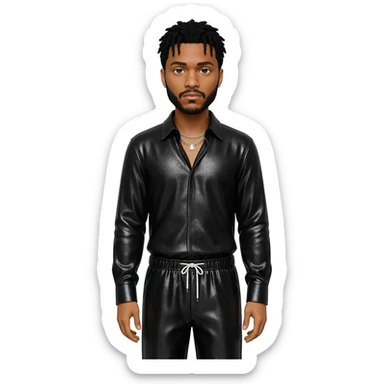The Weeknd with black hair, black metallic shirt, black metallic baggy pants, silver necklace sticker