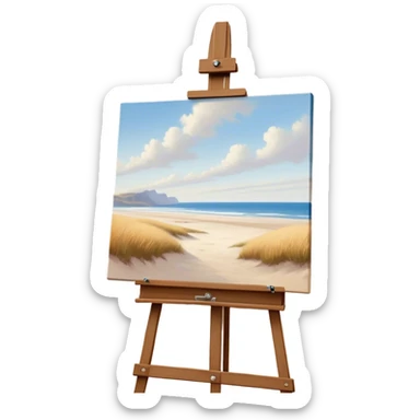 Cinematic Realistic image of a pristine canvas mounted on a sturdy wooden easel, with the canvas’ smooth surface and the easel’s detailed grain rendered in soft natural light, evoking a quiet moment of creative anticipation sticker