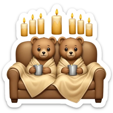 Two cozy teddy bears wrapped in a blanket watching tv on couch with candles next to them sticker