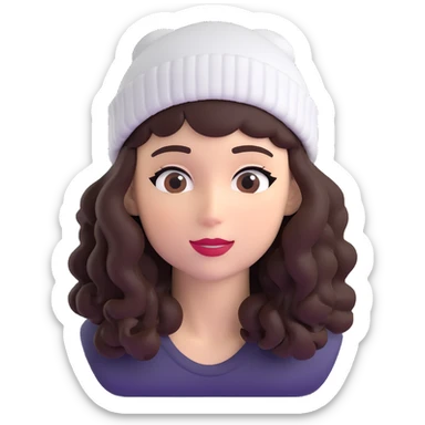 woman with dark curly hair and a beanie sticker