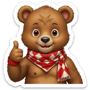a cute bear smiling and giving thumbs up, wearing red Checkered Triangle scarf sticker