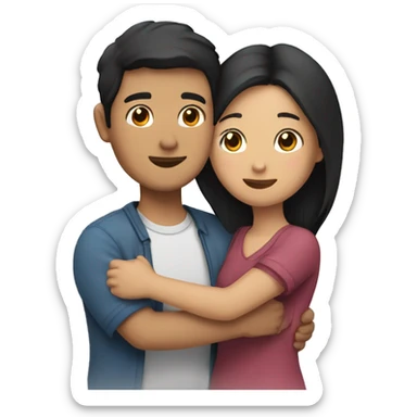 A couple hugging each other.the man is half Asian with dark hair and the woman is half asian with dark hair  sticker