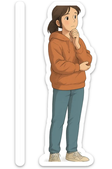 A full body image of a modern calm female teenager in a hoodie and jeans thinking sticker