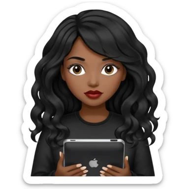 A young woman with long black hair, a wavy frange falling on half of her head.  She's black, medium to dark skinned with thick lips. She's holding an iPad, but she's wearing black casual clothes. she has long eyelashes. sticker