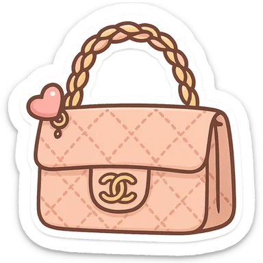 a cute and exaggerated chibi stickers style Chanel purse with a quilted pattern and heart charm sticker