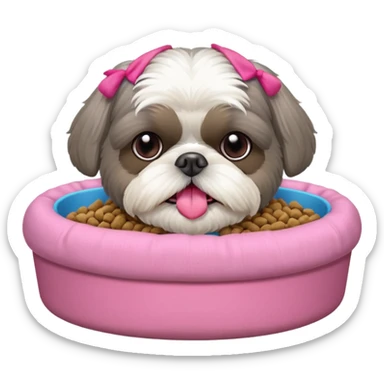 old ALL grey shih tzu in pink dog bed tongue hanging out with a bowl of food sticker