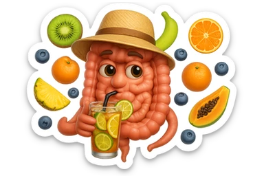 EMOJI STILE IPHONE DI INTESTINO UMANO REALISTICO CON CAPPELLO DI PAGLIA DA SPIAGGIA CHE BEVE UN Tè FREDDO IN BICCHIERE DI VETRO CON DENTRO  fette di cetriolo, limone, lime, DIETRO L'INTESTINO FLUTTUANO PEZZETTI DI Kiwi
Banana acerba
Arance e mandarini
Mirtilli
Ananas
Papaya
IPERREALISTICO 4K sticker