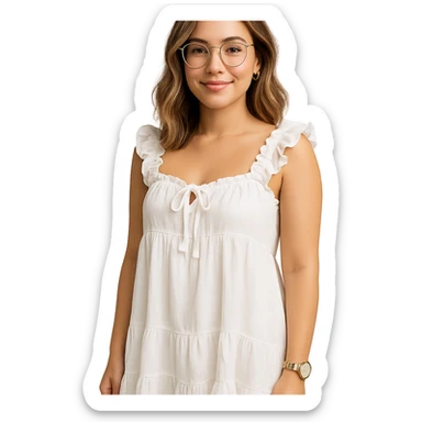 confident young woman with medium-length, softly waved, highlighted hair, clear glasses, natural makeup, wearing a loose white babydoll dress with ruffles, tied accents, frilled shoulder straps, smiling gently, one arm at her side, white nails, gold watch, isolated on white, no background sticker