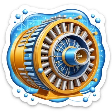 An icon featuring a physics textbook, a large Hadron Collider with particles flying off, symbolizing the study of physics. The design includes atomic models, energy waves, and scientific formulas, representing fundamental physical principles and research. Transparent background. sticker