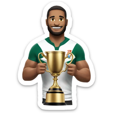 Rugby player holding a trophy sticker