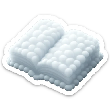 top view of a thick open book made entirely of small, very bright white fluffy convex clouds, matte glass style sticker
