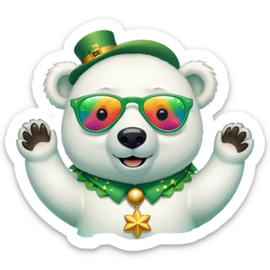 friendly anthropomorphised polar bear smiling, wearing large multicolored star-shaped glasses and festive St. Patrick's Day outfit, floating on back in water sticker