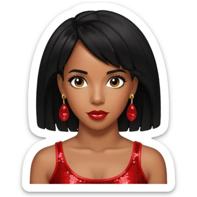 Kelly Rowland with black hair, red sequin crop top, red earring sticker