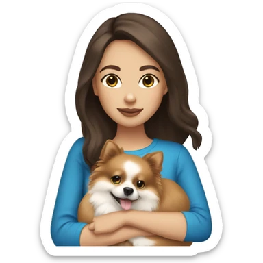 Brunette girl with light skin and Blue eyes holding a  pomeranian  sticker