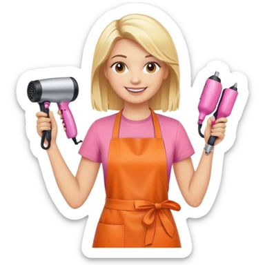 smiling blonde woman hairstylist, pink t-shirt, orange apron, hands raised, holding scissors and hairdryer sticker
