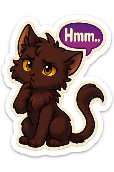 a dark-brown fluffy cute kawaii anthropomorphic furry anime cat-furry with tufted ears, golden eyes, and a long thin tufted tail, thinking, frowning thoughtfully, saying “Hmm..” with a purple speech bubble, (cartoon style) (cute anime style) (furry style) (deviantArt style) (artist style: Kamirah) sticker
