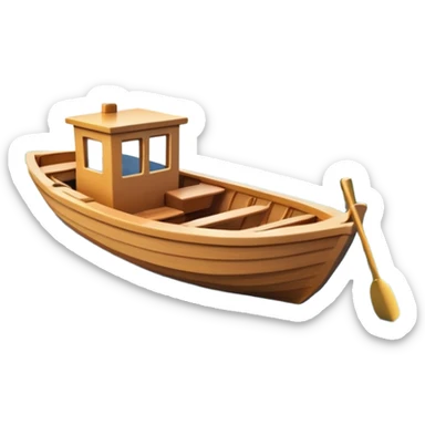 A 3D cartoon small boat floating on estuary water, with nearby reeds and horizon in view, bright lighting, photo frame,Memoji-style. sticker