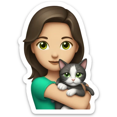 A brunette girl with green eyes holds a cat with blue eyes in her arms sticker