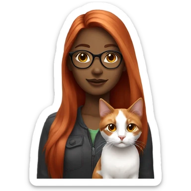 White Red head girl with glasses holding long-haired calico cat sticker