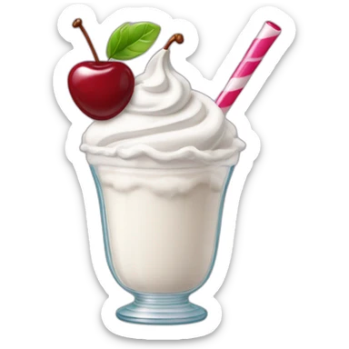 Milkshake white in a glass cup with whipped cream and a cherry on top sticker