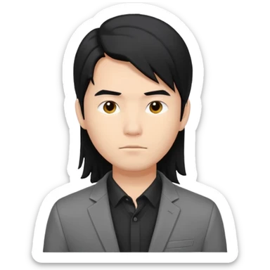 asian young man with long black hair on the forehead in grey blazer and black t-shirt  sticker