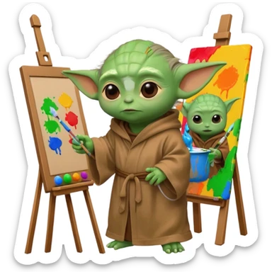 Baby Yoda in his brown robe listening music on his headphones, painting a picture on an easel and surrounded by paint pots. sticker