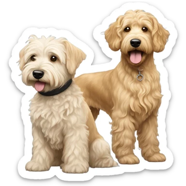 Golden golden doodle with wavy coat and white bichon with curly coat and black Cairin Terrier sticker