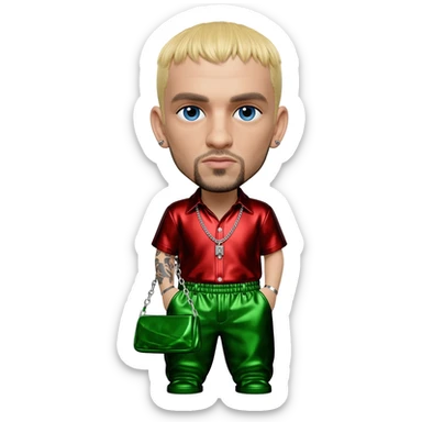 Eminem with blue eyes, blonde short hair, red metallic shirt, green metallic baggy pants, silver necklace sticker