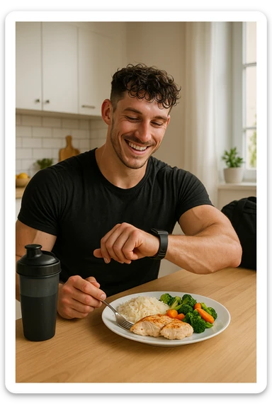a fit man in his 30s, still in gym clothes and slightly sweaty, sits at a kitchen table right after a workout. In front of him is a balanced meal with a generous portion of rice, pasta, or potatoes, along with lean protein and vegetables. He checks his watch or a fitness app, smiling with satisfaction as he times his post-workout meal. The background is a bright, modern kitchen, with a shaker bottle and gym bag visible. in italiano sticker