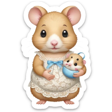 Mama white pretty hamster girl wearing lace dress holding a baby hamster wearing nappy and dummy sticker