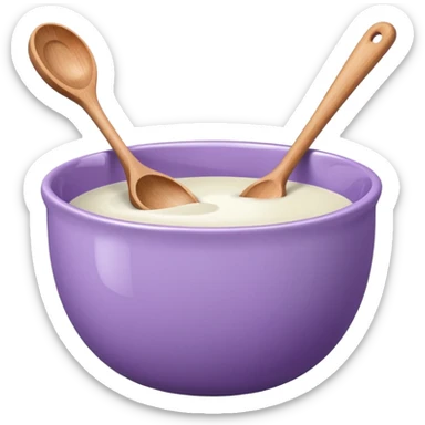 a lilac ceramic mixing bowl with a wooden spoon stirring sticker
