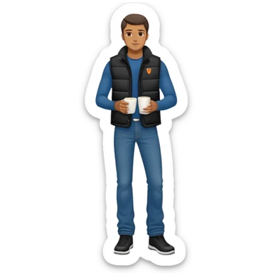full body man with plain black puffy winter vest with no pockets over long sleeved shirt wearing straight levi boot cut levi blue jeans with no cuffs and tennis shoes holding coffee mug in his hand sticker