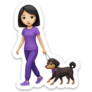 black hair Chinese woman wearing purple top and black pants walking one small brown dog sticker