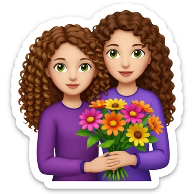light skinned brunette long curly haired woman with green/hazel eyes holding big bright bunch of flowers with one hand and daughter's hand (also with long brown curly hair) in other. White background. sticker
