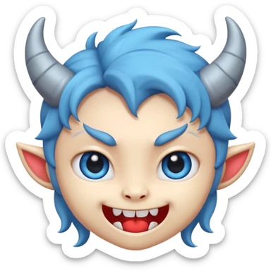 Cute demon cartoon emoji character, chibi proportions, small horns, mischievous smile, big expressive eyes, soft rounded face, tiny fangs, stylized hair, clean smooth shading, simple shapes, friendly not scary,  sticker