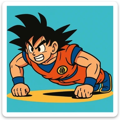Goku from Dragon Ball Z doing push ups in vibrant cartoon style sticker