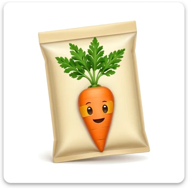 emoji-style carrot seed pack, small white seed packet, orange carrot with green leaves, friendly cartoon face, minimal design, outlined, soft shadow sticker