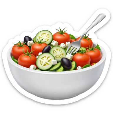 mediterranean salad bowl object icon, tomatoes, cucumbers, olives, feta cheese, olive oil dressing, 3D cartoon, mobile game icon style, clean background, no text, no watermark
 sticker